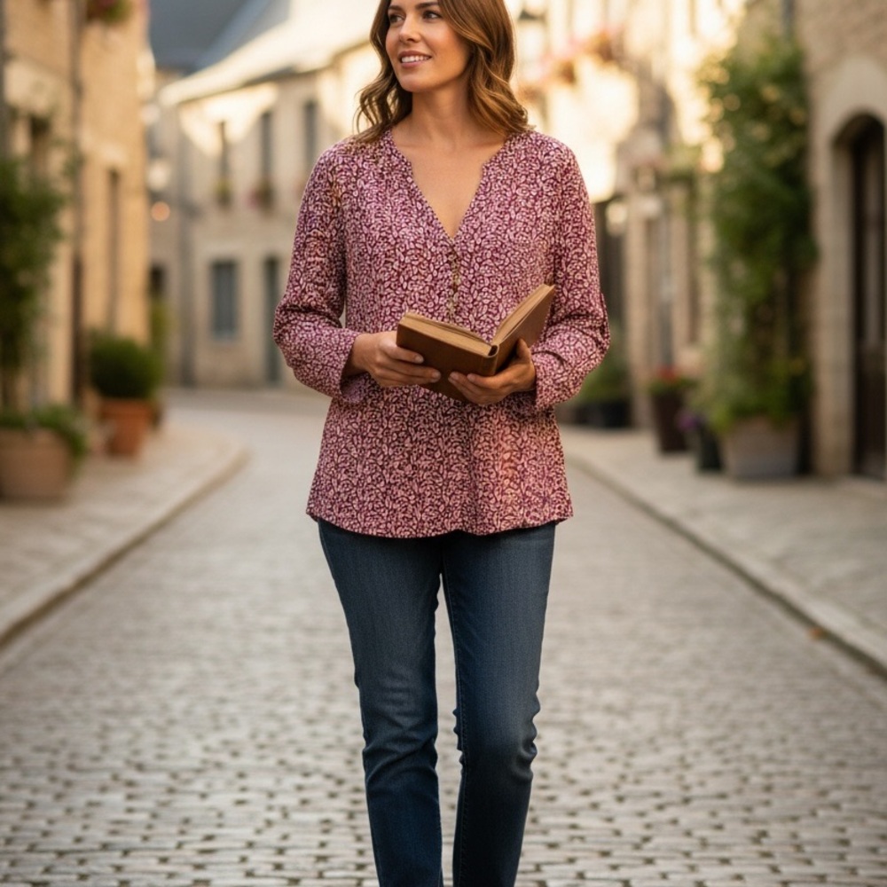 DNA couture Rose-Mauve Floral V-Neck Blouse